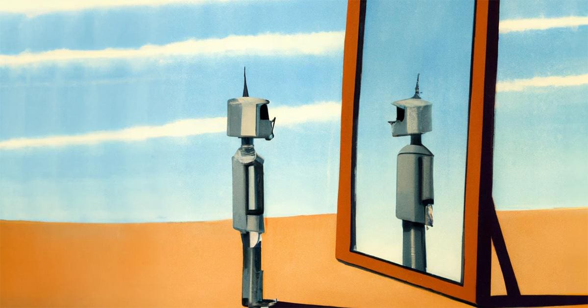 DALL·E 2023-02-16 13.18.43 - magritte style painting of robot looking into mirror