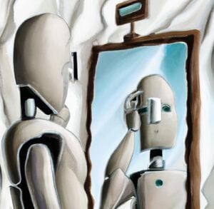 DALL·E 2023-03-08 10.19.55 - surreal painting of robot looking into mirror having existential crisis