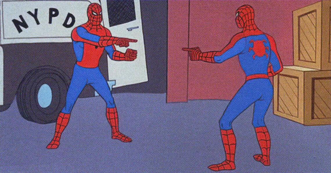 Spider-men pointing at each other