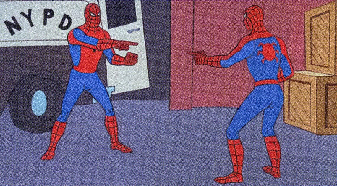 Spider-men pointing at each other