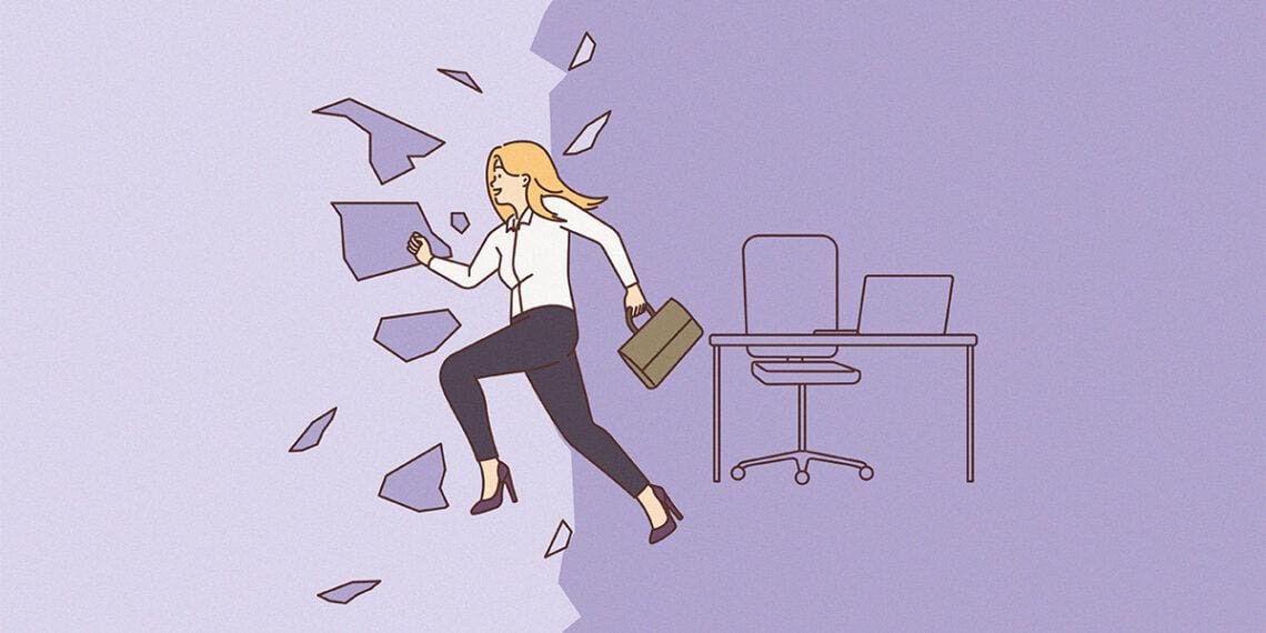 A woman breaks through glass