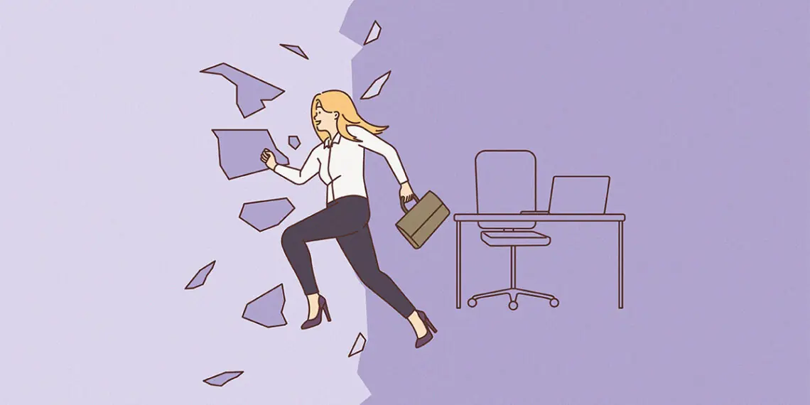 A woman breaks through glass