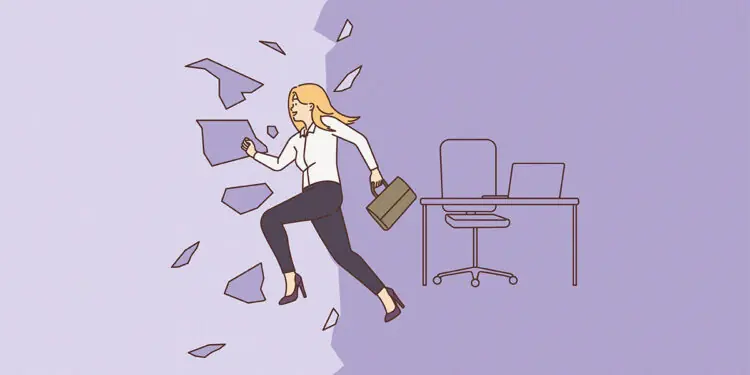 A woman breaks through glass