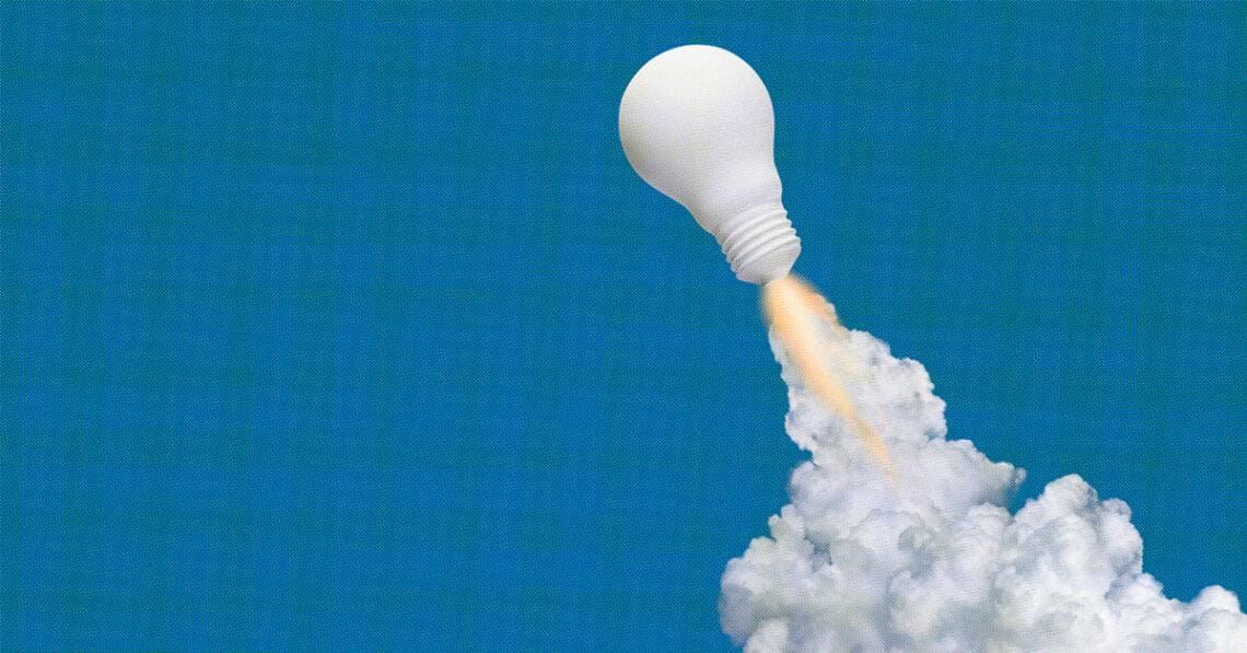 conceptual art representing startups with lightbulb and clouds