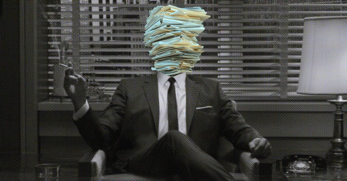 conceptual collage of don draper and a stack of documents