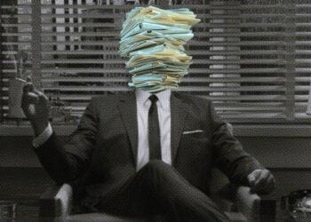 conceptual collage of don draper and a stack of documents