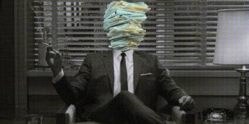 conceptual collage of don draper and a stack of documents