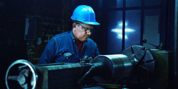 worker in hard hat examining product