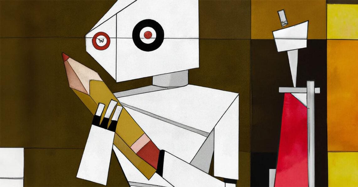 cubist style art of robot holding a pencil