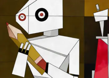 cubist style art of robot holding a pencil