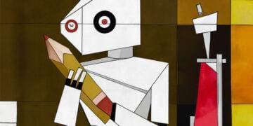cubist style art of robot holding a pencil