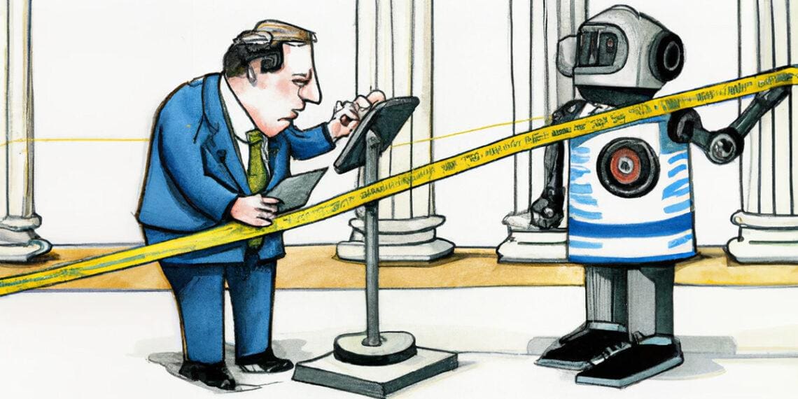 ai generated drawing of legislator examining robot
