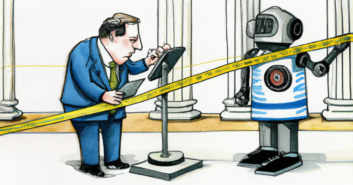 ai generated drawing of legislator examining robot