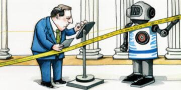 ai generated drawing of legislator examining robot