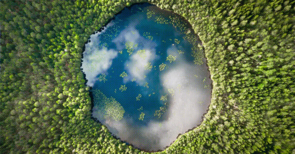 circular lake in middle of forest