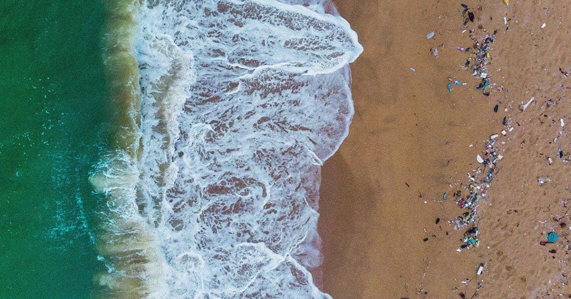 pollution on beach overhead view