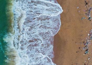 pollution on beach overhead view