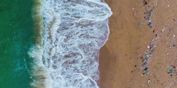 pollution on beach overhead view