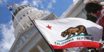 protester holding california state flag outside capitol building