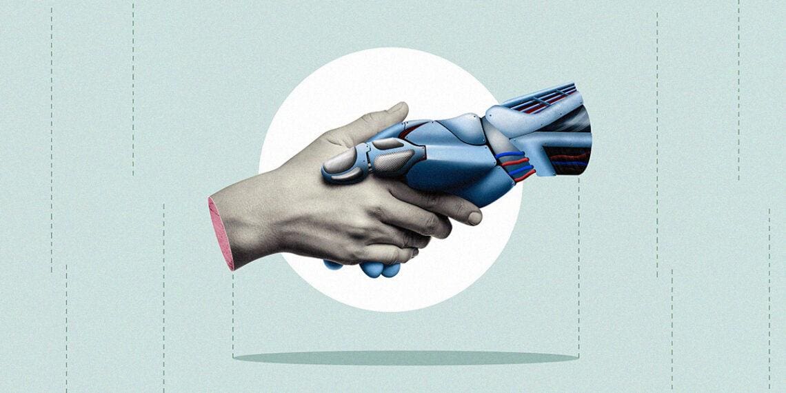 robot and human hand joining forces