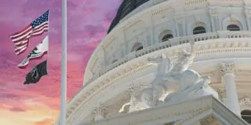 california flag and capitol building