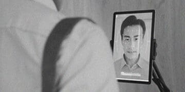 man using facial recognition tablet at work