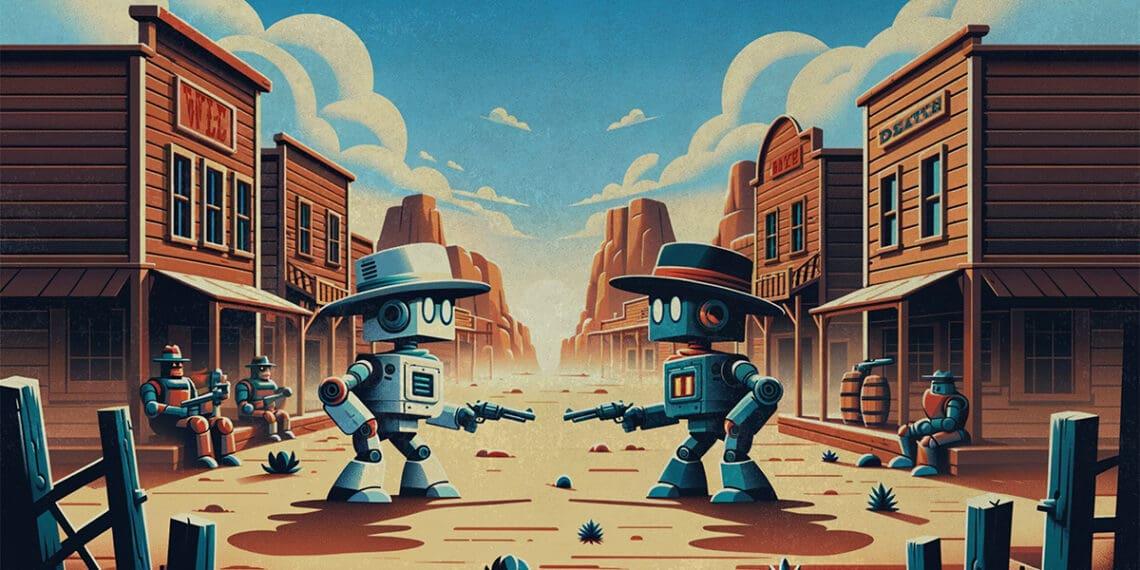 two robots having a showdown in the wild west