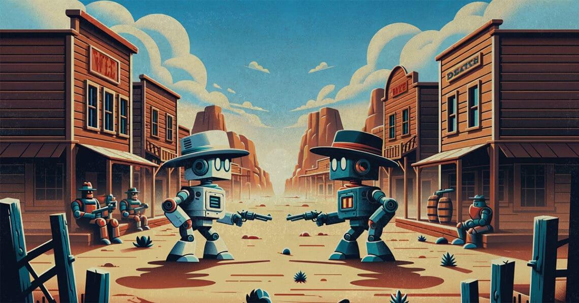two robots having a showdown in the wild west