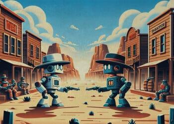 two robots having a showdown in the wild west