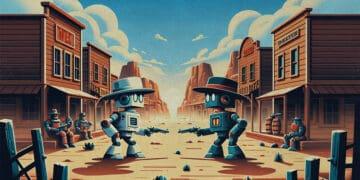 two robots having a showdown in the wild west