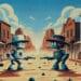 two robots having a showdown in the wild west