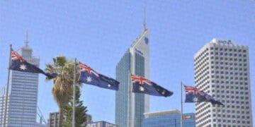 australian flags in skyline