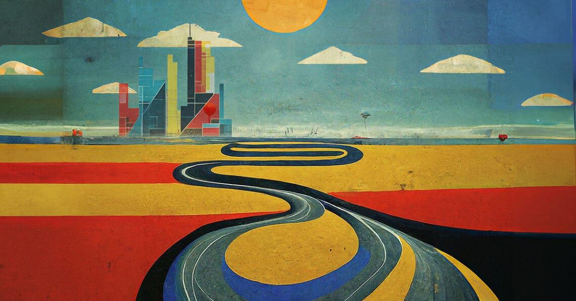 long road to futuristic city in abstract style