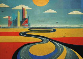 long road to futuristic city in abstract style