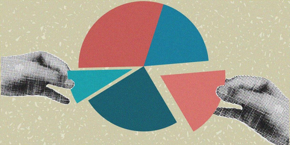 company ownership collage hands grabbing pie slices