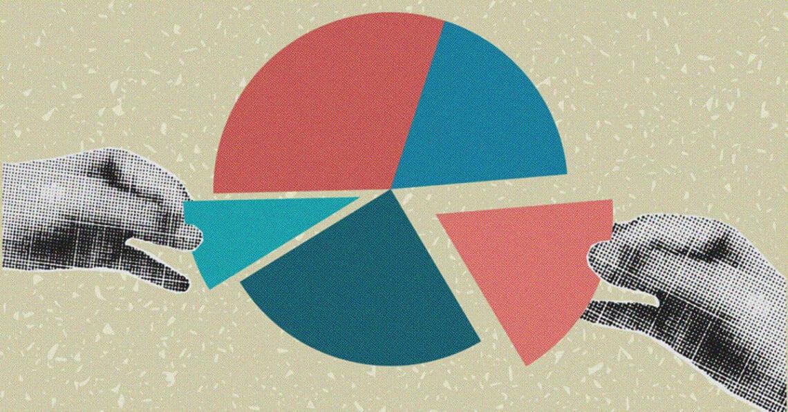 company ownership collage hands grabbing pie slices