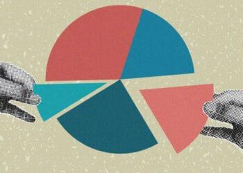 company ownership collage hands grabbing pie slices