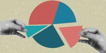 company ownership collage hands grabbing pie slices