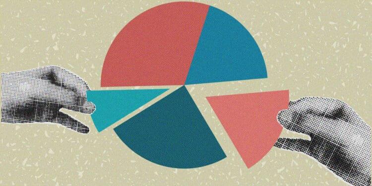 company ownership collage hands grabbing pie slices