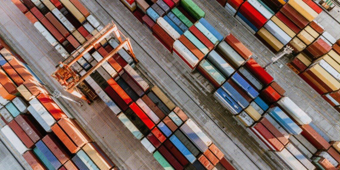 rows of shipping containers aerial view