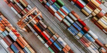 rows of shipping containers aerial view