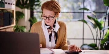 business woman looking at budget