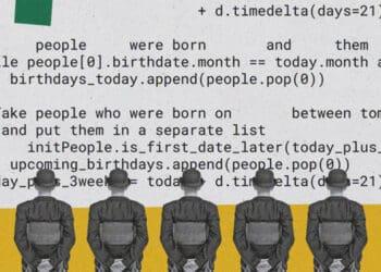 group looking at data breach details digital art collage