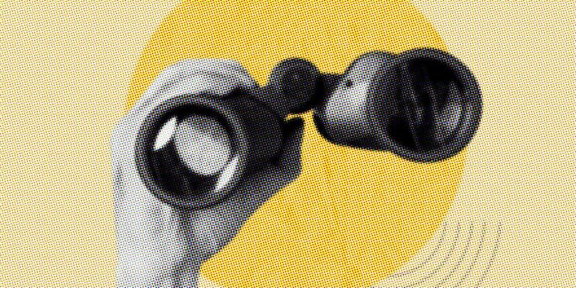 hand holding binoculars digital art collage