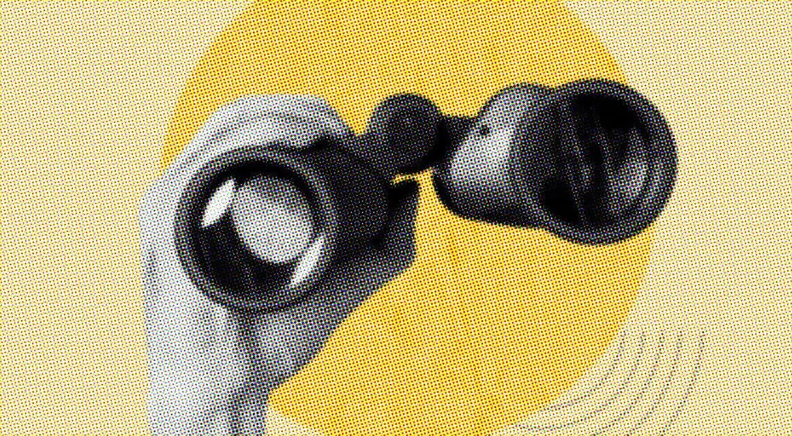 hand holding binoculars digital art collage