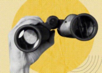 hand holding binoculars digital art collage