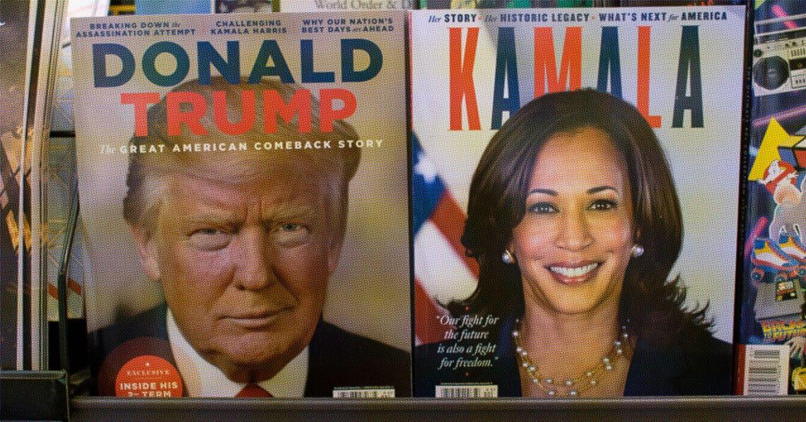 trump harris commemorative magazines in rack