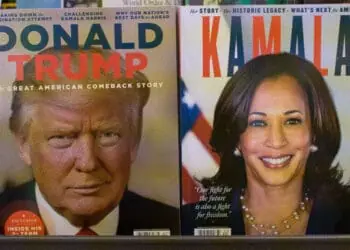 trump harris commemorative magazines in rack