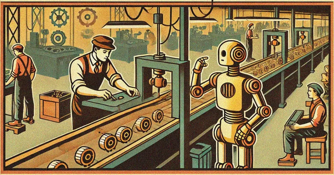 ai image WPA poster of worker and robot watching