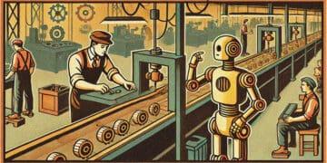 ai image WPA poster of worker and robot watching